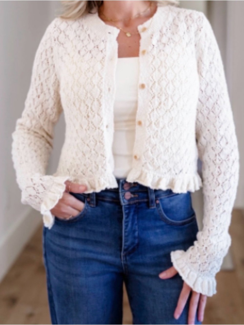 Peach Love California Ivory Cropped Knit Sweater with bell sleeves
